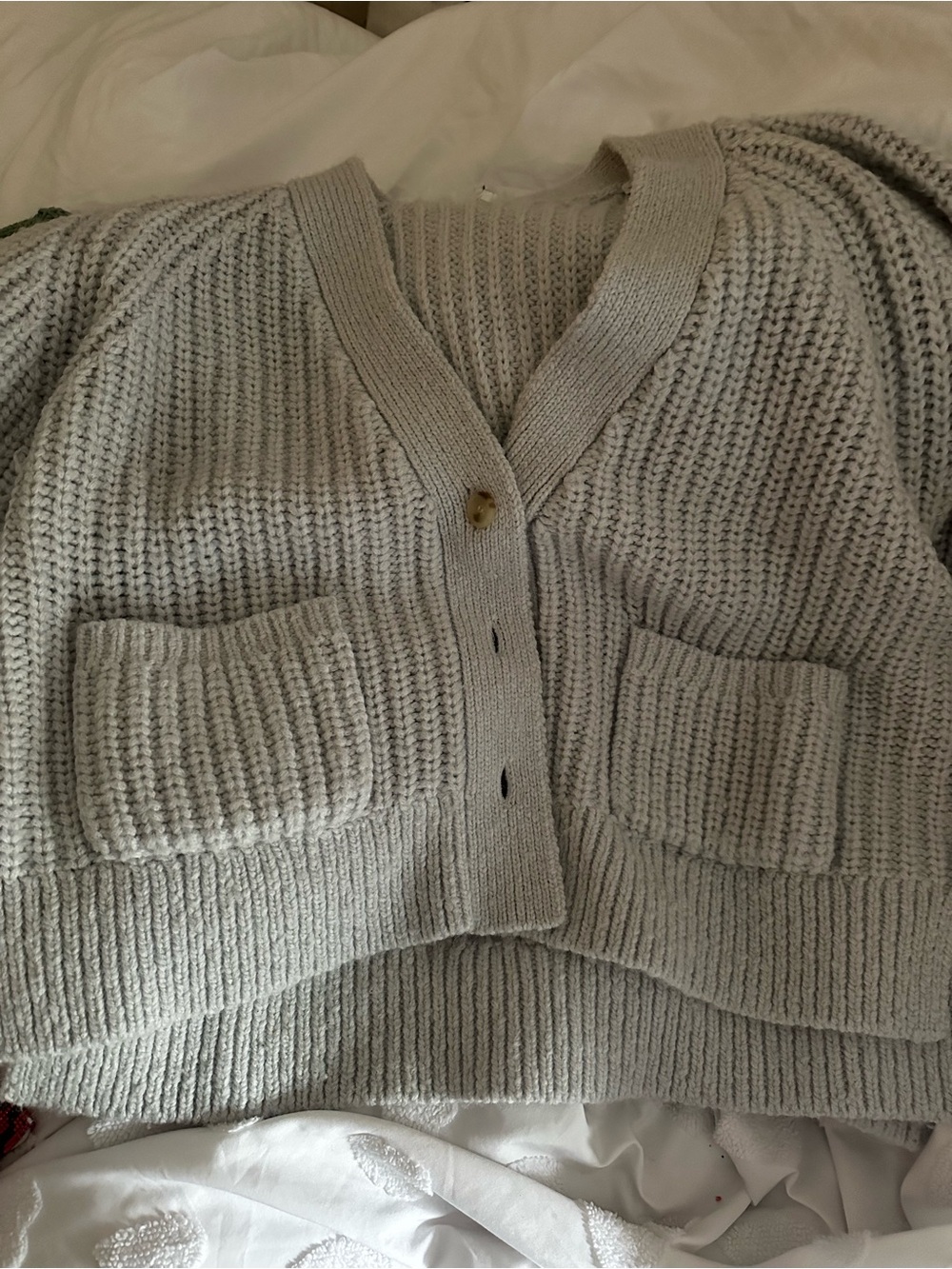 Light Gray/Blue Chunky Knit V-Neck Cardigan Sweater